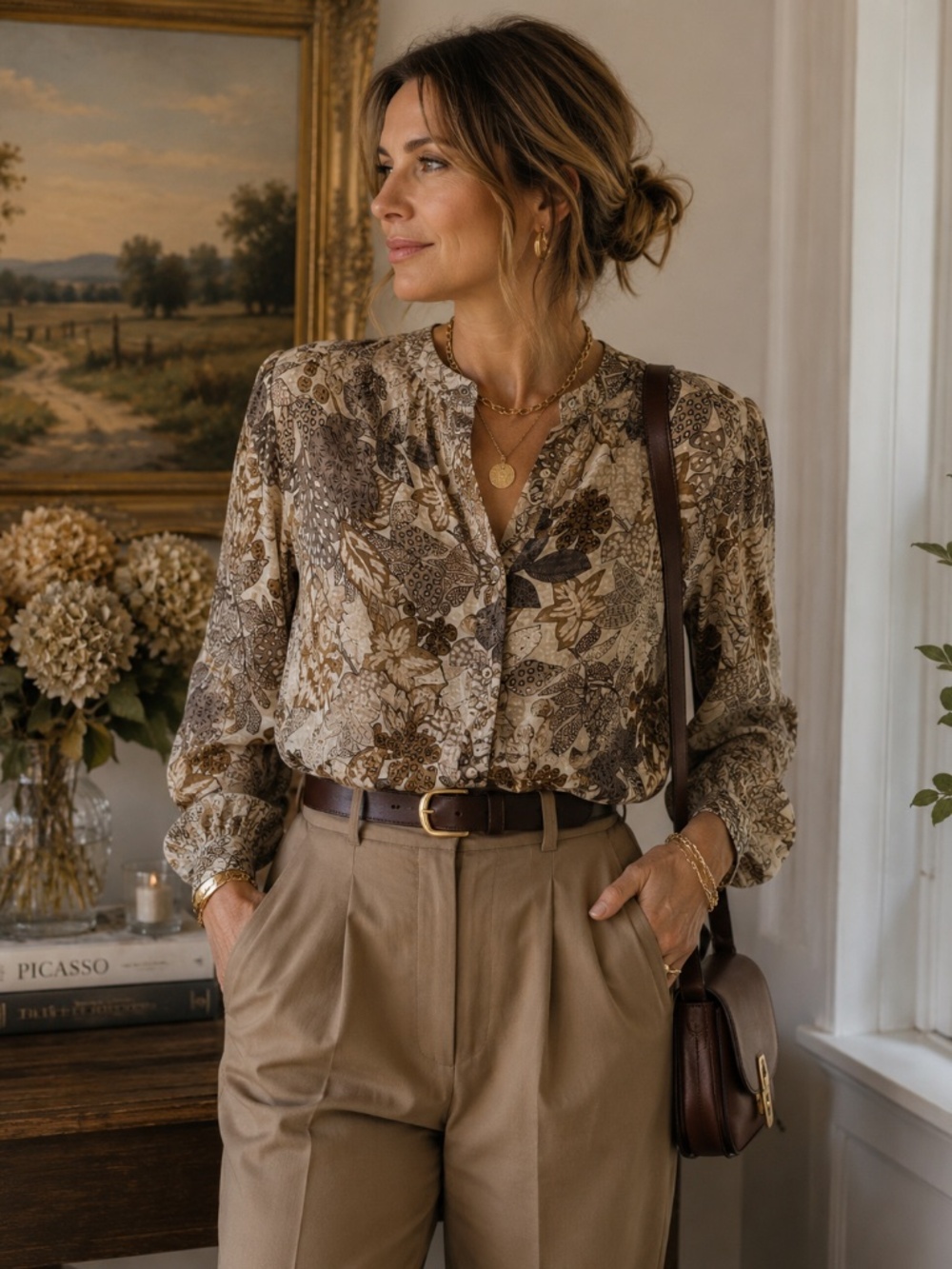 100% Silk VTG Liz Claiborne Collection Women’s Brown Floral Button Up Blouse 12